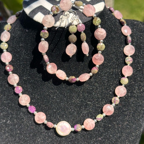 Rose Quartz Atlantisite Coin & freshwater pearl Set in .925 Sterling Silver S14 - Picture 13 of 13